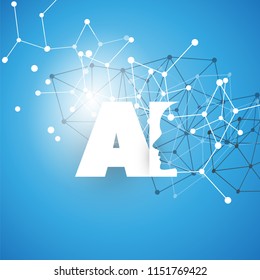 Machine Learning, Artificial Intelligence, Cloud Computing and Networks Design Concept with Geometric Network Mesh and AI Label