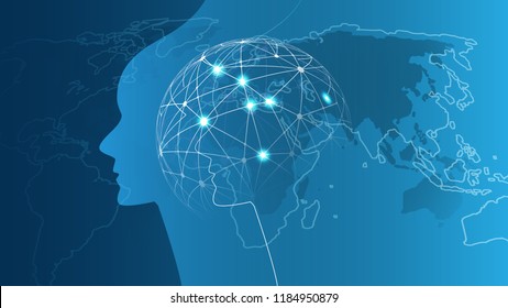 Machine Learning, Artificial Intelligence, Cloud Computing, Automated Support Assistance and Networks Design Concept with Wireframe Sphere and Human Face Silhouette