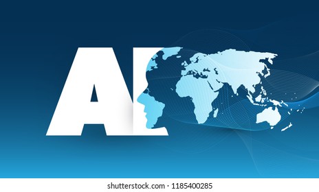 Machine Learning, Artificial Intelligence, Cloud Computing, Global Automated Support Assistance and Networks Design Concept with World Map, Wavy Pattern and Human Head
