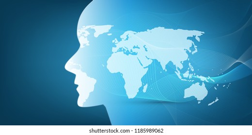 Machine Learning, Artificial Intelligence, Cloud Computing, Global Automated Support Assistance and Networks Design Concept with World Map, Wavy Pattern and Human Head