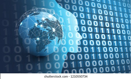 Machine Learning, Artificial Intelligence, Cloud Computing, Automated Support Assistance and Networks Design Concept with Earth Globe and Human Head