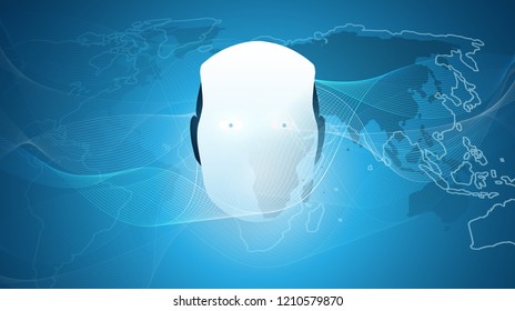 Machine Learning, Artificial Intelligence, Cloud Computing, Global Automated Support Assistance and Networks Design Concept with World Map, Wavy Pattern and Robot Head