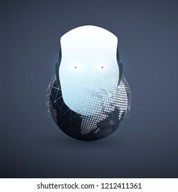 Machine Learning, Artificial Intelligence, Cloud Computing and Networks Design Concept with Earth Globe and Robot Head