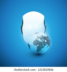 Machine Learning, Artificial Intelligence, Cloud Computing and Networks Design Concept with Earth Globe and Robot Head