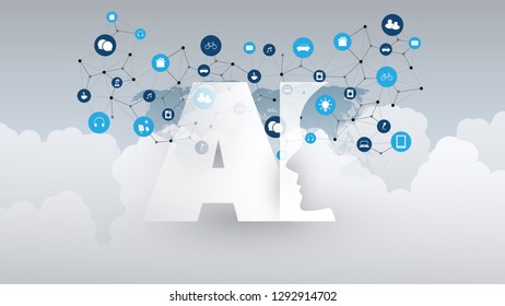 Machine Learning, Artificial Intelligence, Cloud Computing and Networks Design Concept with World Map, Network Mesh and AI Label 