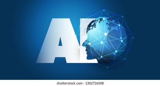 Machine Learning, Artificial Intelligence, Cloud Computing and Networks Design Concept with Earth Globe, Network Mesh and AI Label