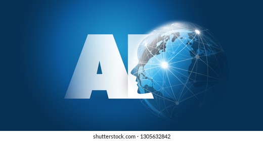 Machine Learning, Artificial Intelligence, Cloud Computing and Networks Design Concept with Earth Globe, Network Mesh and AI Label