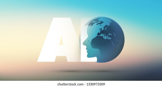 Machine Learning, Artificial Intelligence, Cloud Computing and Networks Design Concept with Earth Globe and AI Label 