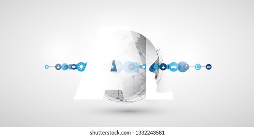 Machine Learning, Artificial Intelligence, Cloud Computing and Networks Design Concept with Earth Globe, Icons and AI Label 