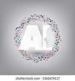 Machine Learning, Artificial Intelligence, Cloud Computing and Networks Design Concept with Network Mesh Ring and AI Label