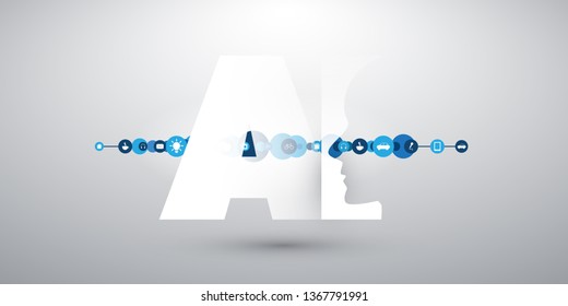Machine Learning, inteligência artificial, computação em nuvem e conceito de design de redes com ícones e rótulo de IA 