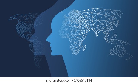 Machine Learning, Artificial Intelligence, Cloud Computing and Networks Design Concept with Geometric Mesh, Network Patterned World Map, Global Connections
