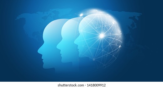 Machine Learning, Artificial Intelligence, Cloud Computing, Networks, Digital Connections Design Concept with Geometric Network Mesh and Human or Robot Head