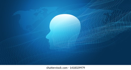 Machine Learning, Artificial Intelligence, Cloud Computing, Networks or Human Digital Connections Design Concept with Geometric Network Mesh and Human or Robot Head