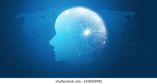 Machine Learning, Artificial Intelligence, Cloud Computing, Networks, Digital Connections Design Concept with Geometric Network Mesh and Human or Robot Head