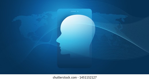 Machine Learning, Artificial Intelligence, Cloud Computing, Networks or Human Digital Connections Design Concept with Geometric Network Mesh, Smartphone, World Map and Human or Robot Head