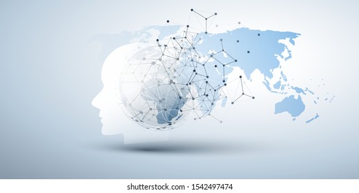 Machine Learning, Artificial Intelligence, Cloud Computing and Networks Design Concept with Human or Robot Face Silhouette, Polygonal Network Mesh and World Map