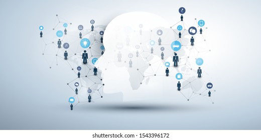 Aprendizado de Máquina, Inteligência Artificial, Computação em Nuvem e Conceito de Design de Redes com Rosto Humano ou Robô, Ícones, Mapa-múndi