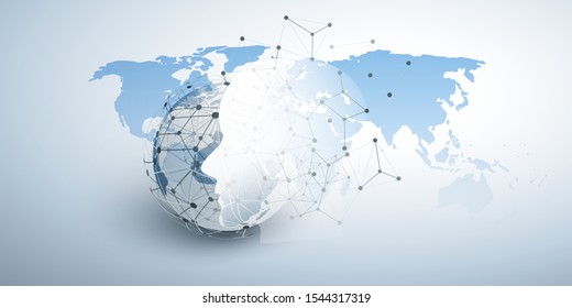 Machine Learning, Artificial Intelligence, Cloud Computing and Networks Design Concept with Human or Robot Face Silhouette, Polygonal Network Mesh and World Map