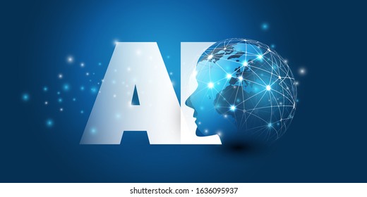 Machine Learning, Artificial Intelligence, Cloud Computing and Networks Design Concept with Earth Globe, Network Mesh and AI Label