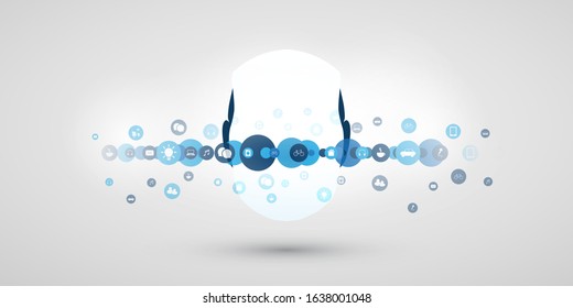 Machine Learning, Artificial Intelligence, Cloud Computing and Networks Design Concept with Icons and Robot Head