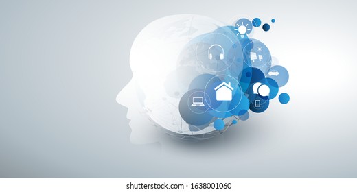 Machine Learning, Artificial Intelligence, Cloud Computing and Networks Design Concept with Icons, Earth Globe and Human or Robot Head