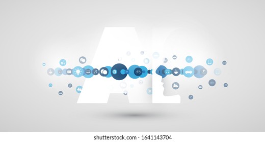 Machine Learning, Artificial Intelligence, Cloud Computing and Networks Design Concept with Icons and AI Label