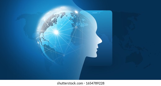 Machine Learning, Artificial Intelligence, Cloud Computing and Networks Design Concept with Earth Globe, Network Mesh, Mobile Device and Human or Robot Head