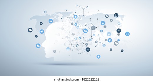 Machine Learning, Artificial Intelligence, Cloud Computing and IoT Networks Design Concept with Human or Robot Face Silhouette, Icons, World Map and Network Mesh