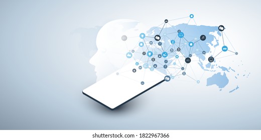 Machine Learning, Artificial Intelligence, Cloud Computing and Networks Design Concept with Human or Robot Face Silhouette, World Map, Mobile Device and Network Mesh