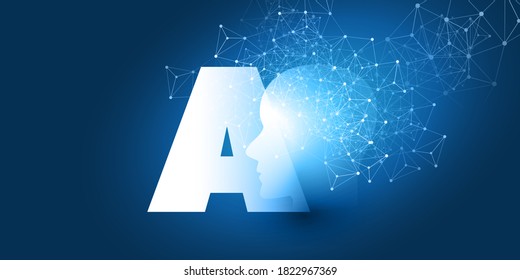 Machine Learning, Artificial Intelligence, Cloud Computing and Networks Design Concept with an A Label, Human or Robot Face Silhouette and Network Mesh
