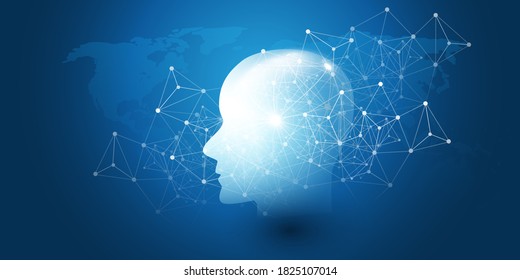Machine Learning, Artificial Intelligence, Cloud Computing and Networks Design Concept with Geometric Network Mesh and World Map