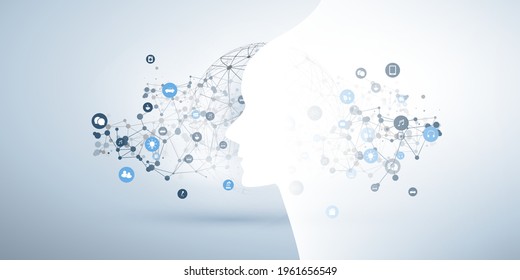 Machine Learning, Artificial Intelligence, Cloud Computing and Networks Design Concept with Human or Robot Face Silhouette, Icons and Polygonal Network Mesh 