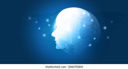 Machine Learning, Artificial Intelligence, Cloud Computing and Networks Design Concept with Human or Robot Face Silhouette and Wavy Geometric Network Mesh, Glowing Nodes Around