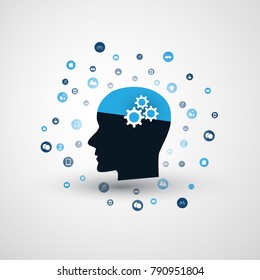 Machine Learning, Artificial Intelligence, Cloud Computing and Networks Design Concept with Icons and Human Head