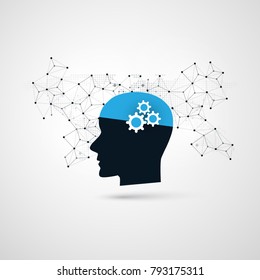 Machine Learning, Artificial Intelligence, Cloud Computing and Networks Design Concept with Wireframe and Human Head