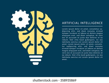 Machine learning and artificial intelligence concept with brain and light bulb icon and text as template.