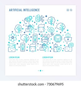 Machine learning and artificial intelligence concept in half circle with thin line icons. Vector illustration for banner, web page, print media.