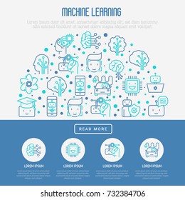 Machine learning and artificial intelligence concept in half circle with thin line icons. Vector illustration for banner, web page, print media.