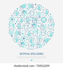 Machine learning and artificial intelligence concept in circle with thin line icons. Vector illustration for banner, web page, print media.