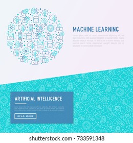 Machine learning and artificial intelligence concept in circle with thin line icons. Vector illustration for banner, web page, print media.