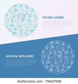 Machine learning and artificial intelligence concept in circle with thin line icons. Vector illustration for banner, web page, print media.
