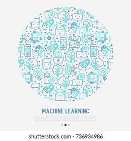 Machine learning and artificial intelligence concept in circle with thin line icons. Vector illustration for banner, web page, print media.
