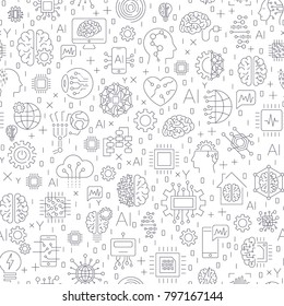 Machine Learning And Artificial Intelligence Concept. Robot And Human Graphic, Gears,  Chip, Processor, Brain And Other. Seamless Pattern