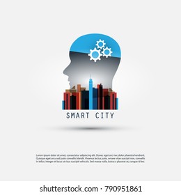 Machine Learning, Artificial Intelligence Controlled Smart City, Home Automation Design Concept with Cityscape and Human Head