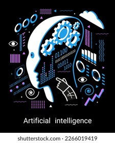 Machine learning, artificial intelligence, digital brain and artificial thinking process concept. Sci-Fi cybernetic robot with AI. Vector landing page.