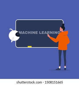 Machine learning. Artificial intelligence. Education. Young female character drawing on a chalkboard. New technologies. Flat editable vector illustration, clip art