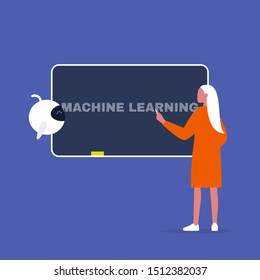 Machine learning. Artificial intelligence. Education. Young female character drawing on a chalkboard. New technologies. Flat editable vector illustration, clip art