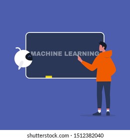 Machine learning. Artificial intelligence. Education. Young male character drawing on a chalkboard. New technologies. Flat editable vector illustration, clip art