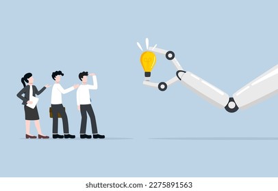 Machine learning, artificial intelligence to help business with data analysis and providing knowledge, automation system for work concept,  Robotic hand showing idea light bulb to business people. 